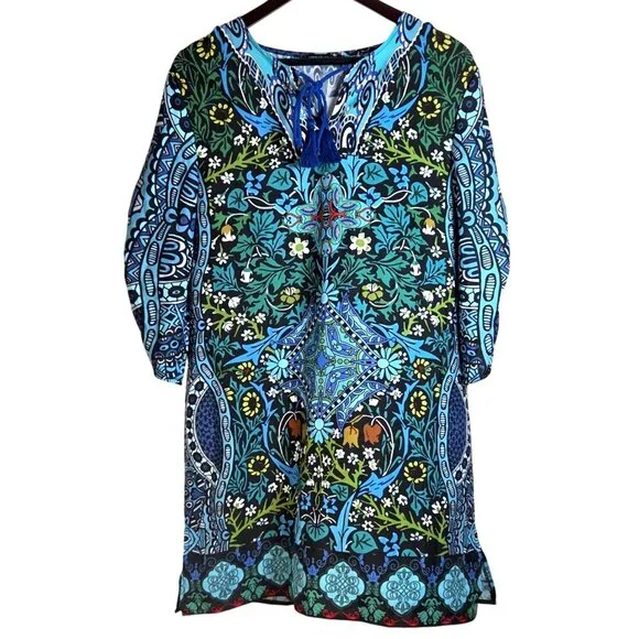 Urban CoCo Bohemian Tassel Tie Blue Floral Ethnic Style Summer Shift Dress L NWT - Picture 2 of 9